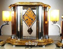 1930 Adnet Excpt Trim Pendulum Lamps Modernist Art Deco Bronze Dore Chrome