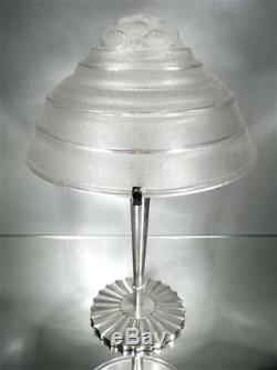 1930 Vlieghe Large Lamp In Nickeled Bronze And Blown Glass-molded Art Deco
