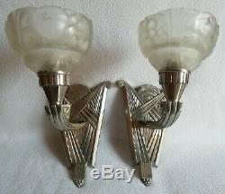 2 Bronze Sconces Nickel And Molded Glass Art Deco Period Around 1930