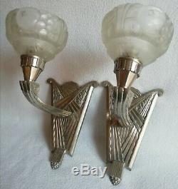 2 Bronze Sconces Nickel And Molded Glass Art Deco Period Around 1930