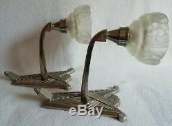 2 Bronze Sconces Nickel And Molded Glass Art Deco Period Around 1930