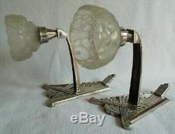 2 Bronze Sconces Nickel And Molded Glass Art Deco Period Around 1930