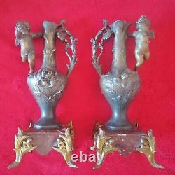 2 Bronze and Marble Art Deco Angel Statues Vases, 19th to early 20th century.