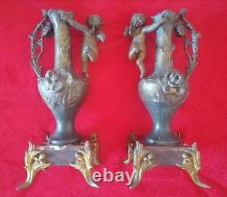 2 Bronze and Marble Art Deco Angel Statues Vases, 19th to early 20th century.