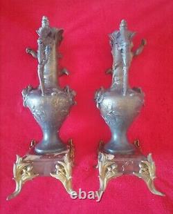 2 Bronze and Marble Art Deco Angel Statues Vases, 19th to early 20th century.