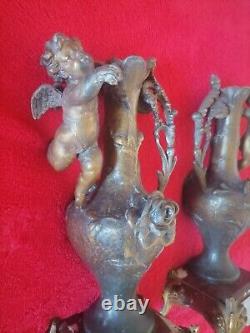 2 Bronze and Marble Art Deco Angel Statues Vases, 19th to early 20th century.
