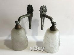 2 Old Art Deco Wall Lamps Bronze Silver Tulips Pressed Glass Year 30's 40's