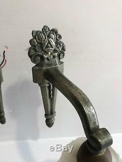 2 Old Art Deco Wall Lamps Bronze Silver Tulips Pressed Glass Year 30's 40's