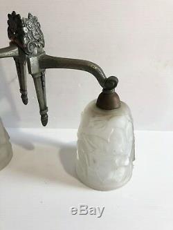 2 Old Art Deco Wall Lamps Bronze Silver Tulips Pressed Glass Year 30's 40's