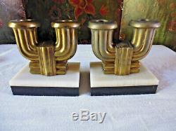 2 Old Candlestick Art Deco Gilded Bronze And Marble