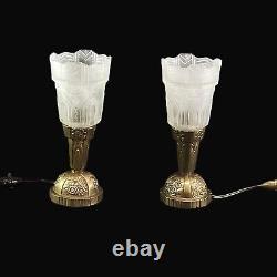 2 X Art Deco Chandeliers Bronze Geometric Glass Lamps, 1930s