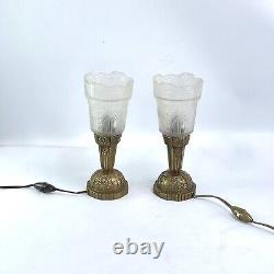 2 X Art Deco Chandeliers Bronze Geometric Glass Lamps, 1930s