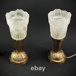 2 X Art Deco Chandeliers Bronze Geometric Glass Lamps, 1930s