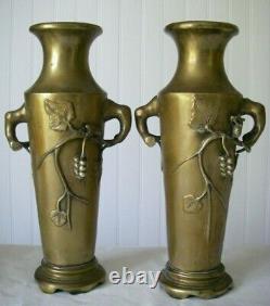 3.8kg The 2 / H33cm Art Deco 2 Old Vase In Thick Bronze / Mouse And Vine