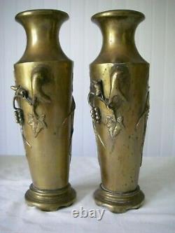 3.8kg The 2 / H33cm Art Deco 2 Old Vase In Thick Bronze / Mouse And Vine