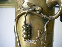 3.8kg The 2 / H33cm Art Deco 2 Old Vase In Thick Bronze / Mouse And Vine