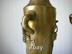 3.8kg The 2 / H33cm Art Deco 2 Old Vase In Thick Bronze / Mouse And Vine