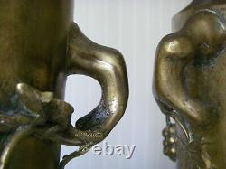 3.8kg The 2 / H33cm Art Deco 2 Old Vase In Thick Bronze / Mouse And Vine