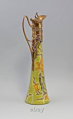 9973189 Bronze In Brass Ceramic Cruche Art Nouveau Déco Florale