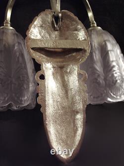 A. Bloch & J. Gauthier Art Deco Pair of Bronze Wall Lights with Pressed Glass Shades