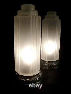 A. Block Pair Of Lamps Building Art Deco Bronze Nickelé And Glass Pressed 1930