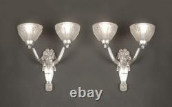 A. Fichet/Hanots Pair of Art Deco Wall Sconces in Bronze and Molded Pressed Glass A. Fichet/Hanots Pair of Art Deco Wall Sconces in Bronze and Molded Pressed Glass