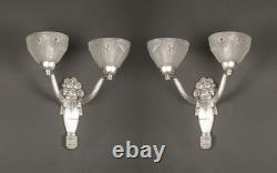A. Fichet/Hanots Pair of Art Deco Wall Sconces in Bronze and Molded Pressed Glass A. Fichet/Hanots Pair of Art Deco Wall Sconces in Bronze and Molded Pressed Glass