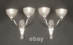 A. Fichet/Hanots Pair of Art Deco Wall Sconces in Bronze and Molded Pressed Glass A. Fichet/Hanots Pair of Art Deco Wall Sconces in Bronze and Molded Pressed Glass