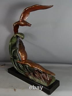 A. Ouline Two Gulls Bronze Sculpture Patinated Signed 68x50 Cm. Very Good Condition