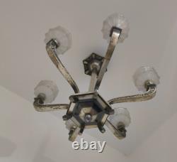 ART DECO SILVERED BRONZE CHANDELIER J. ROBERT GLASSWORK 1930