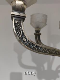 ART DECO SILVERED BRONZE CHANDELIER J. ROBERT GLASSWORK 1930