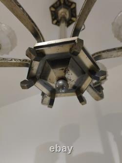ART DECO SILVERED BRONZE CHANDELIER J. ROBERT GLASSWORK 1930