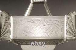 Adolphe Bloch/Jean Gauthier Large Art Deco Chandelier in Bronze and Molded Pressed Glass