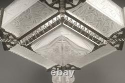 Adolphe Bloch/Jean Gauthier Large Art Deco Chandelier in Bronze and Molded Pressed Glass