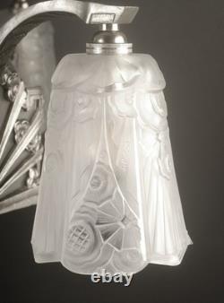 Adolphe Bloch/Jean Gauthier Large Art Deco Chandelier in Bronze and Molded Pressed Glass