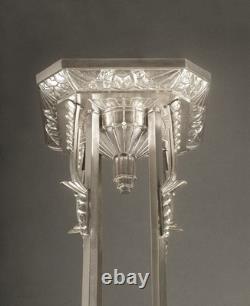 Adolphe Bloch/Jean Gauthier Large Art Deco Chandelier in Bronze and Molded Pressed Glass