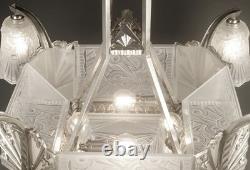 Adolphe Bloch/Jean Gauthier Large Art Deco Chandelier in Bronze and Molded Pressed Glass