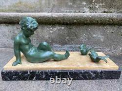 Affortunato Gory Super Sculpture Child & Birds Art Deco Statue Bronze Style