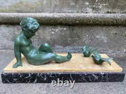 Affortunato Gory Super Sculpture Child & Birds Art Deco Statue Bronze Style