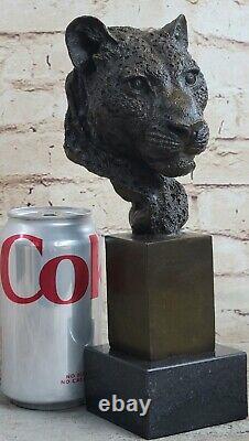 African Cougar Puma Bronze Sculpture Bust Signed Art Deco Marble Base