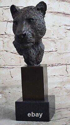 African Cougar Puma Bronze Sculpture Bust Signed Art Deco Marble Base