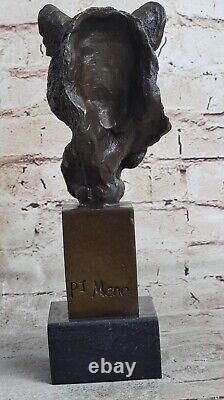 African Cougar Puma Bronze Sculpture Bust Signed Art Deco Marble Base