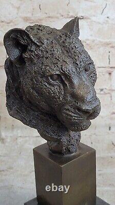 African Cougar Puma Bronze Sculpture Bust Signed Art Deco Marble Base