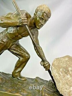 Alexandre Ouline Statue Art Deco Ca. 1920 Bronze & Gypsum Signed Sisyphus Man