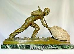 Alexandre Ouline Statue Art Deco Ca. 1920 Bronze & Gypsum Signed Sisyphus Man