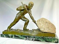 Alexandre Ouline Statue Art Deco Ca. 1920 Bronze & Gypsum Signed Sisyphus Man