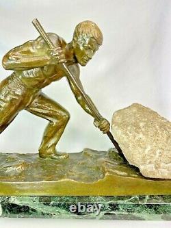 Alexandre Ouline Statue Art Deco Ca. 1920 Bronze & Gypsum Signed Sisyphus Man