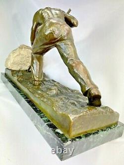 Alexandre Ouline Statue Art Deco Ca. 1920 Bronze & Gypsum Signed Sisyphus Man