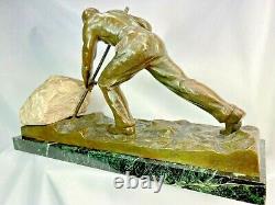 Alexandre Ouline Statue Art Deco Ca. 1920 Bronze & Gypsum Signed Sisyphus Man