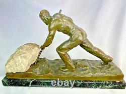 Alexandre Ouline Statue Art Deco Ca. 1920 Bronze & Gypsum Signed Sisyphus Man